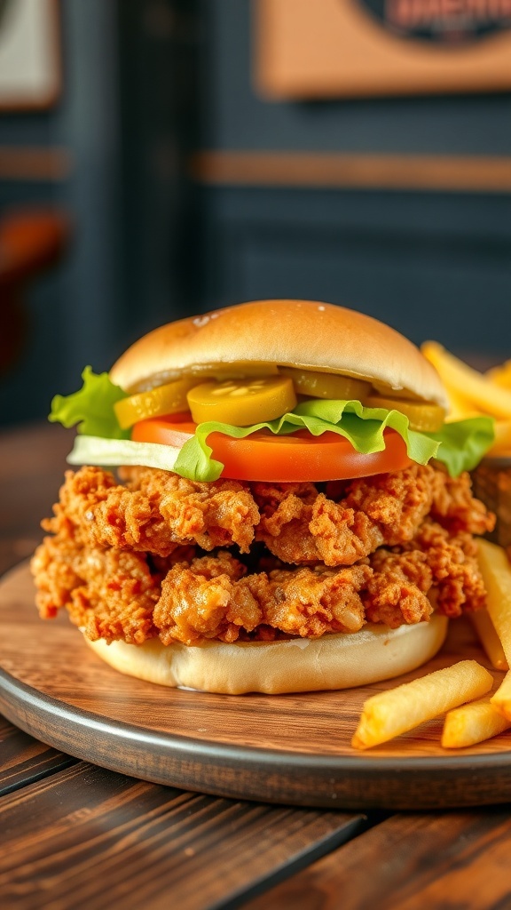 A crispy fried chicken sandwich with lettuce, tomato, and pickles on a bun, served with fries.